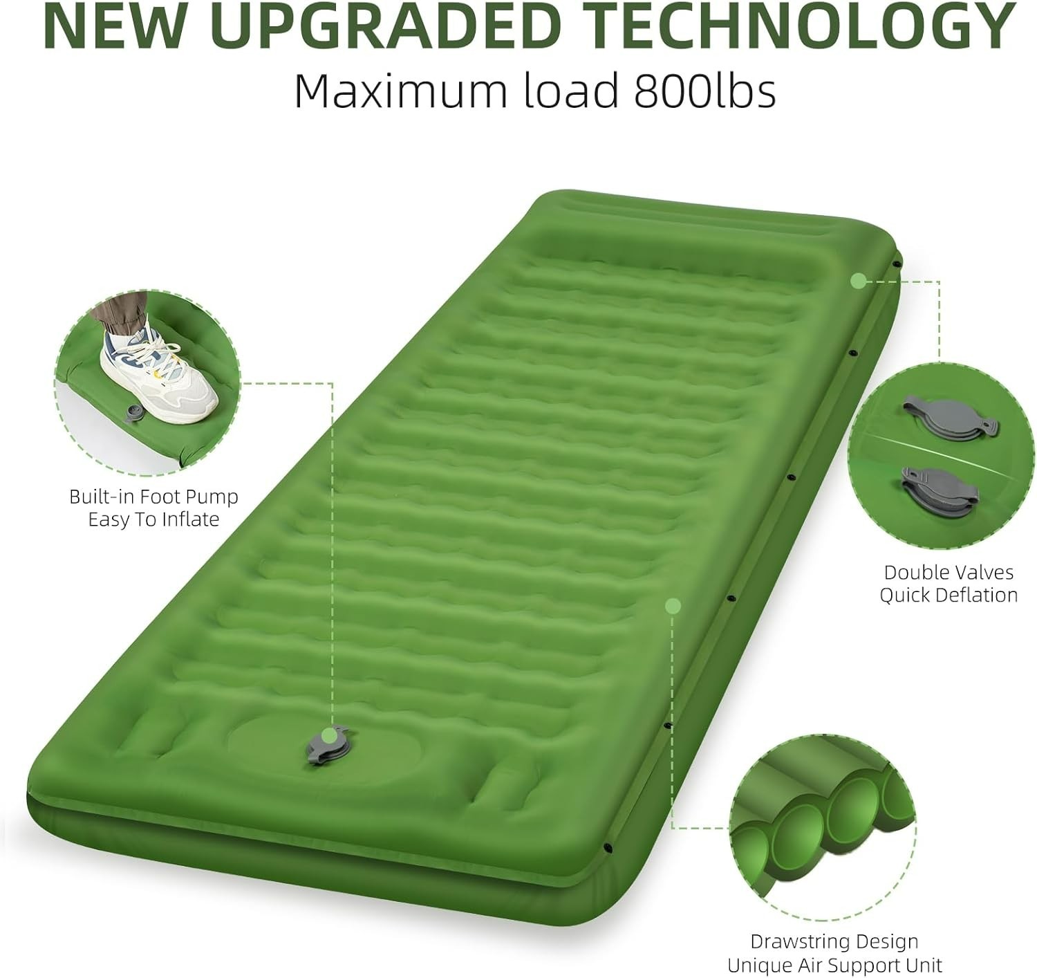 Compact Inflatable Sleeping Pad, 5-Inch Thick with Integrated Pillow for Camping