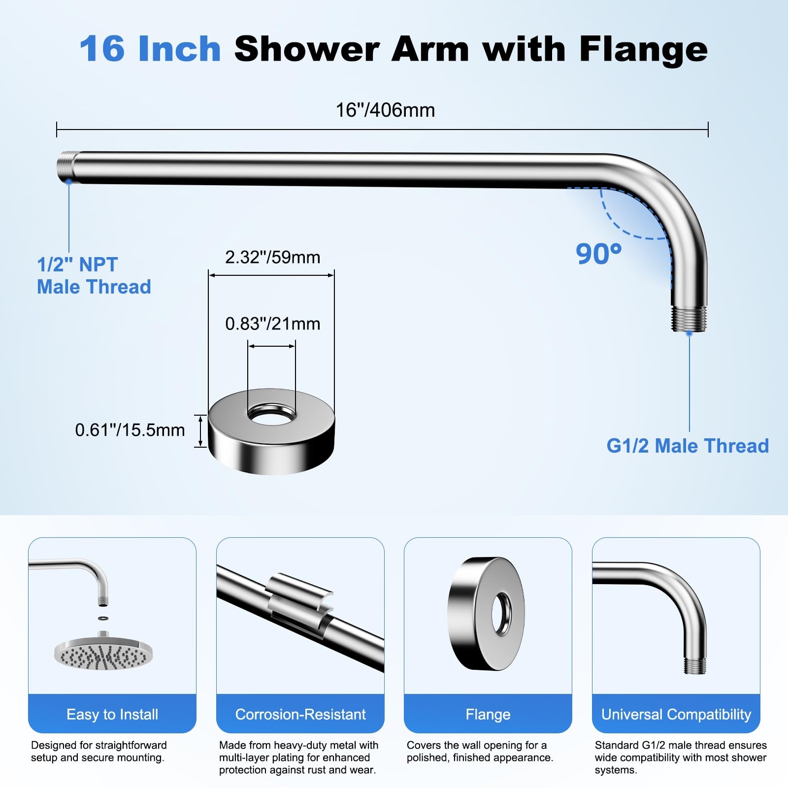 16 Inch All Metal Shower Extension Arm, Extra Long Extender with Flange, Stai