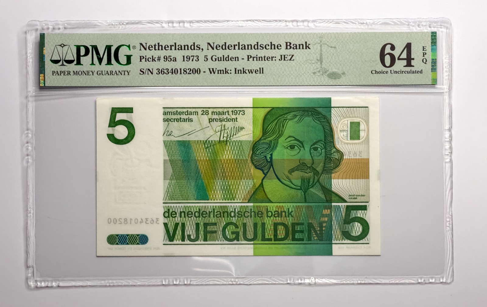 NETHERLANDS P-95a 1973 5 Gulden, Vondel,  PMG 64 Choice *UNC*  EPQ