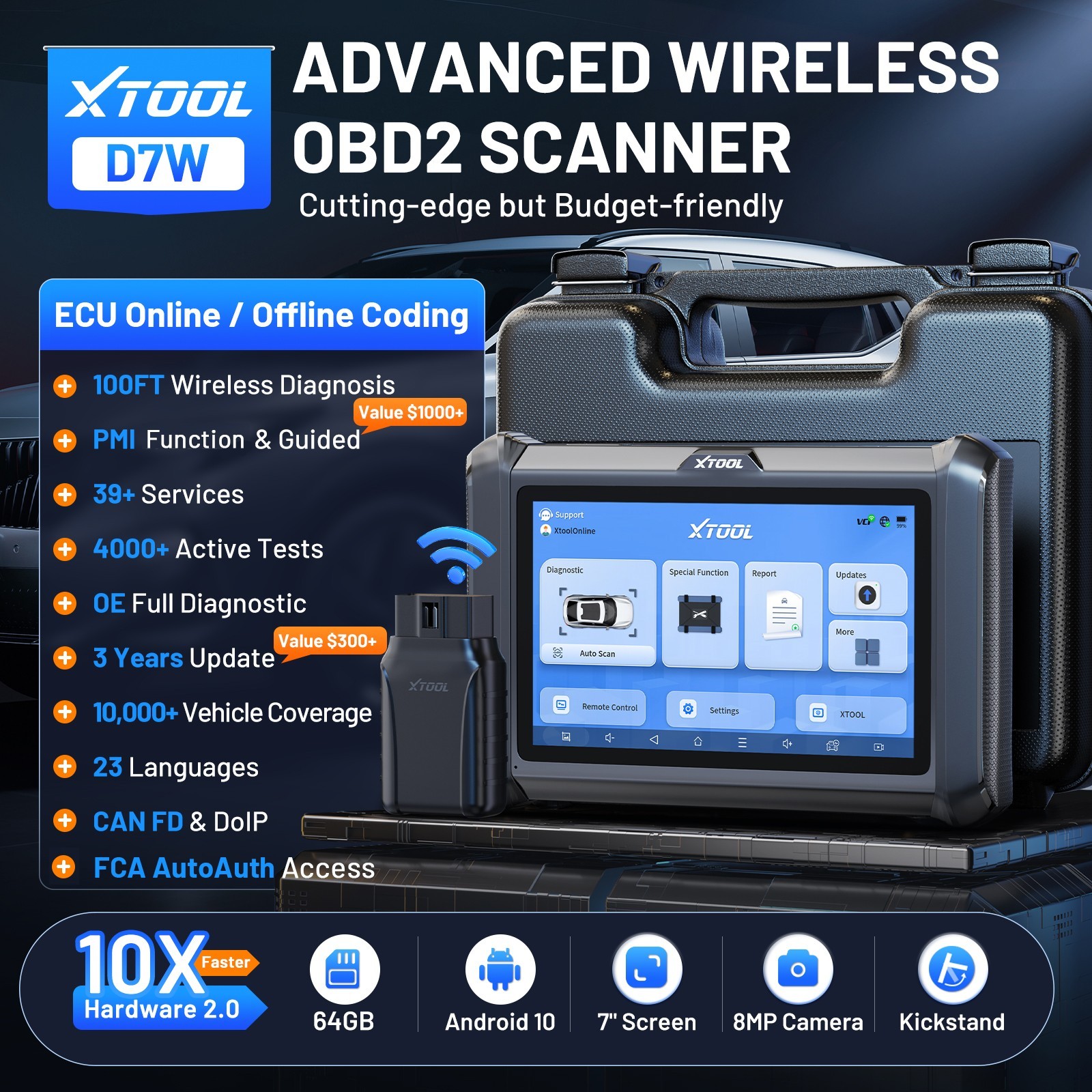 2026 XTOOL D7W Wireless OBD2 Scanner Bidirectional Diagnostic Tool ECU Coding