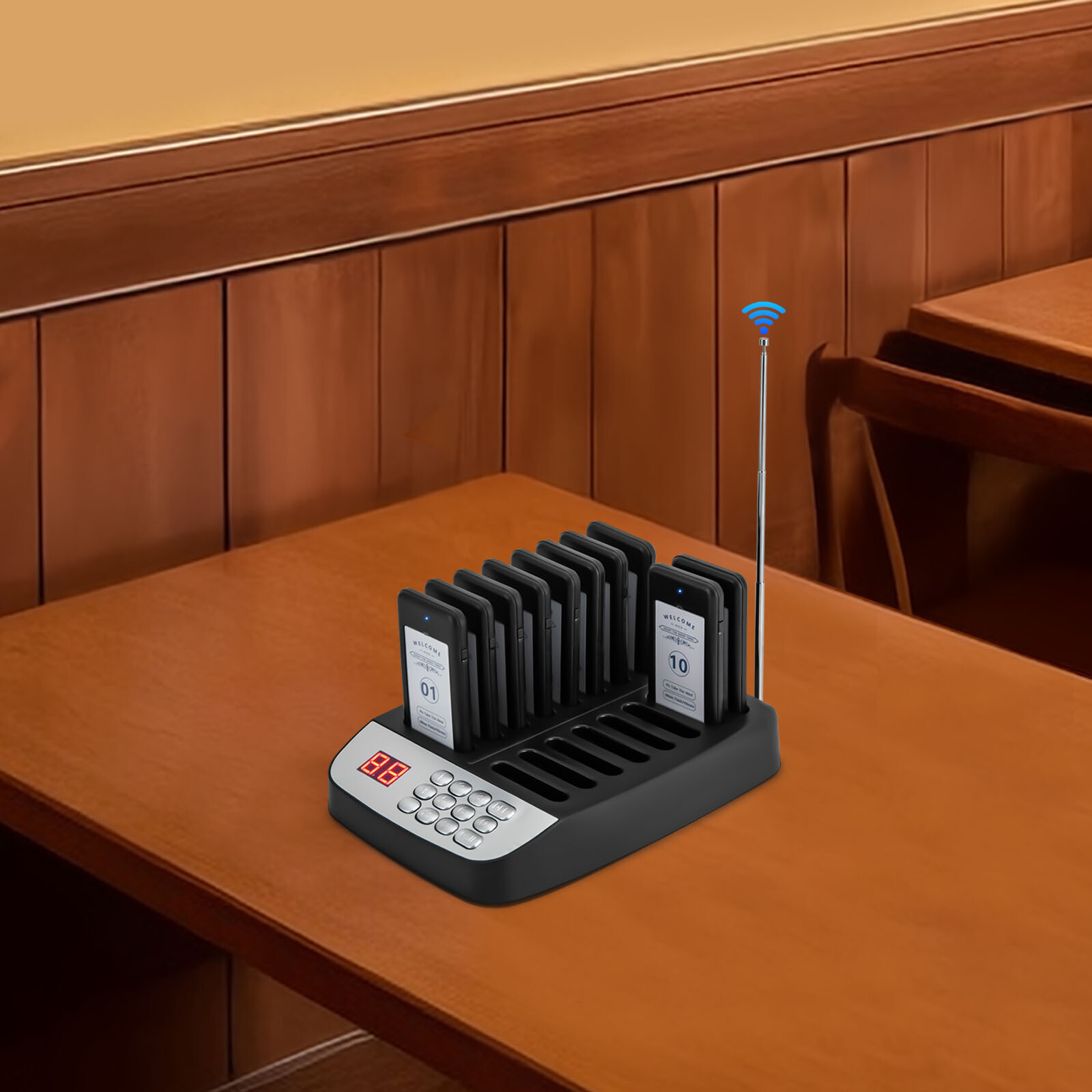Black Restaurant Pager System 10 Pagers, with Vibration, Light, Dripping Sound