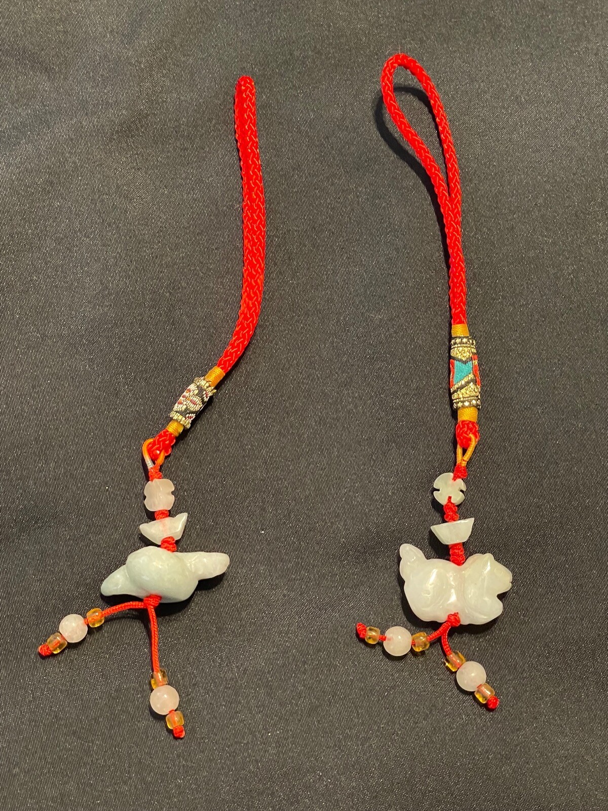 Vintage Set of His & Her's Light Green Jade Good Luck Hanging Tassle Snake & Dog