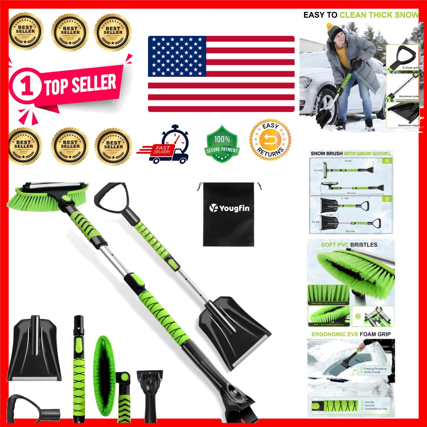 4 in 1 Ice Scraper & Snow Brush & Snow Shovel for Home Car, 43" Extendable Wi...
