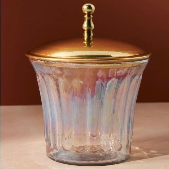 Anthropologie Lustrous Canister Iridescent Glass Gold Lid Vanity Jar 6.5H"x3.25"