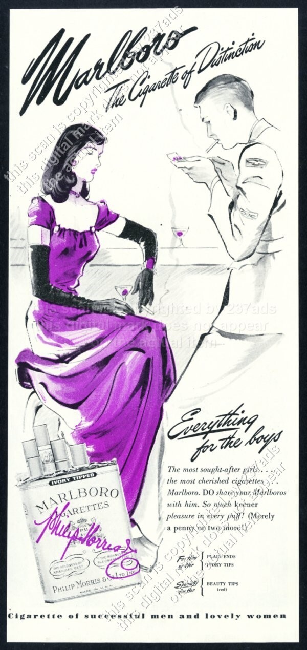1945 Marlboro cigarettes smoking woman in purple dress vintage print ad