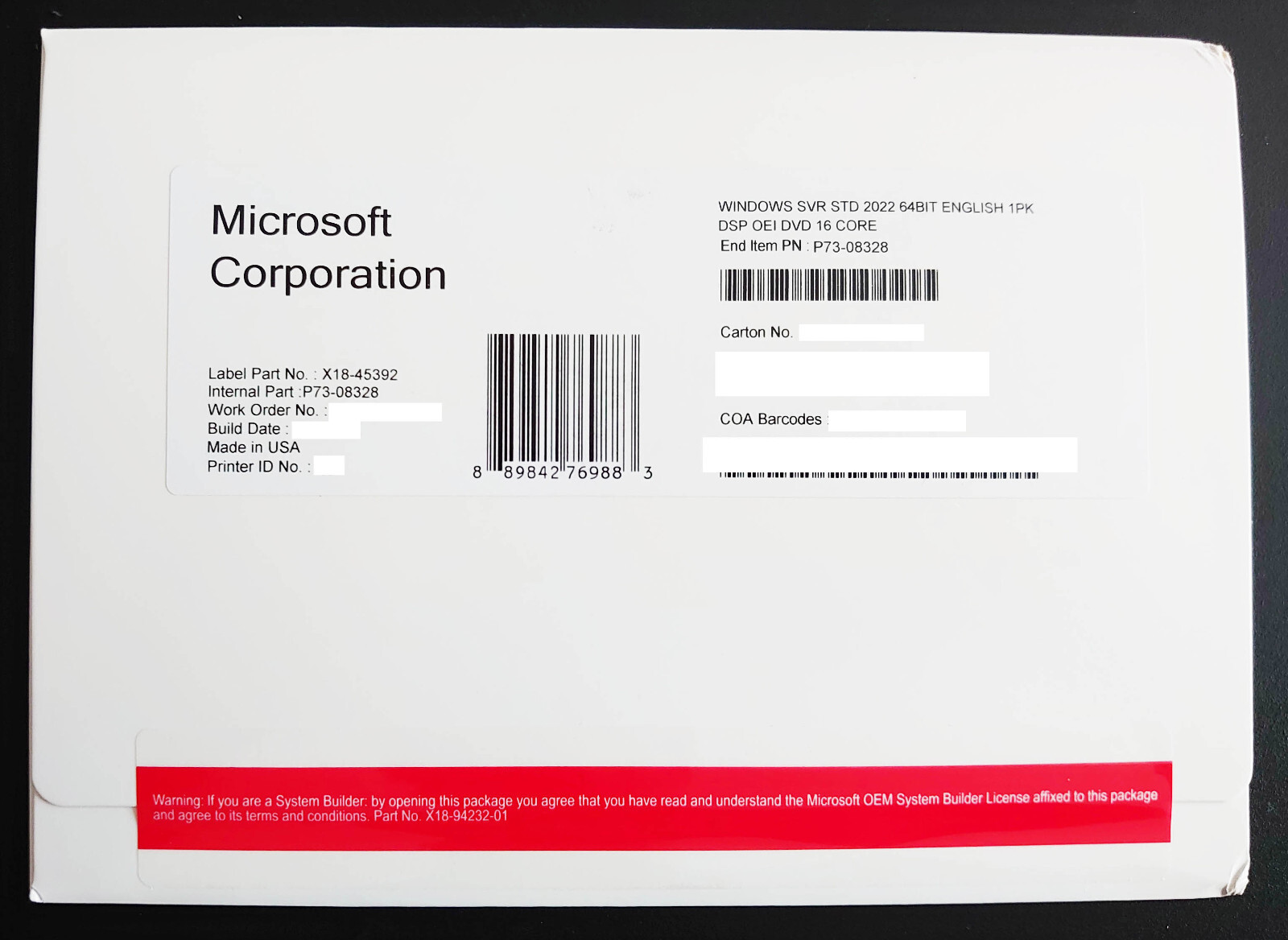 Microsoft Windows Server Standard 2022 64bit 16 Core DVD OEM P73-08328 NEW