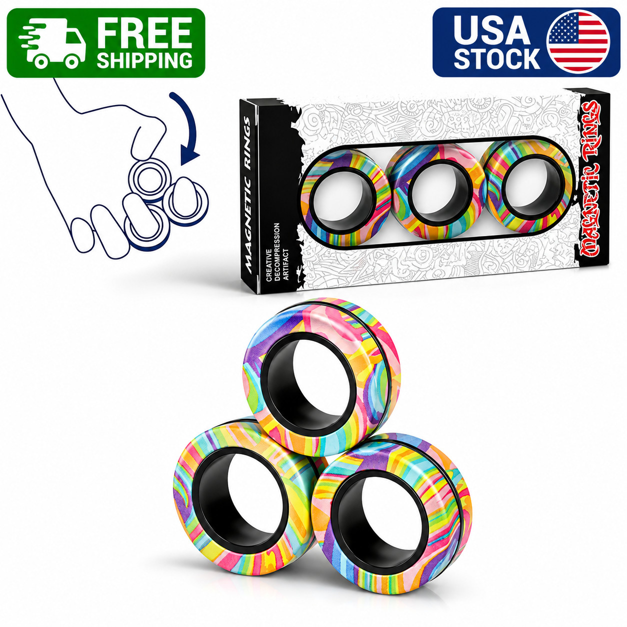 3PCS Magnetic Fidget Rings Spinner Toy Stress Anxiety Relief Sensory Adults