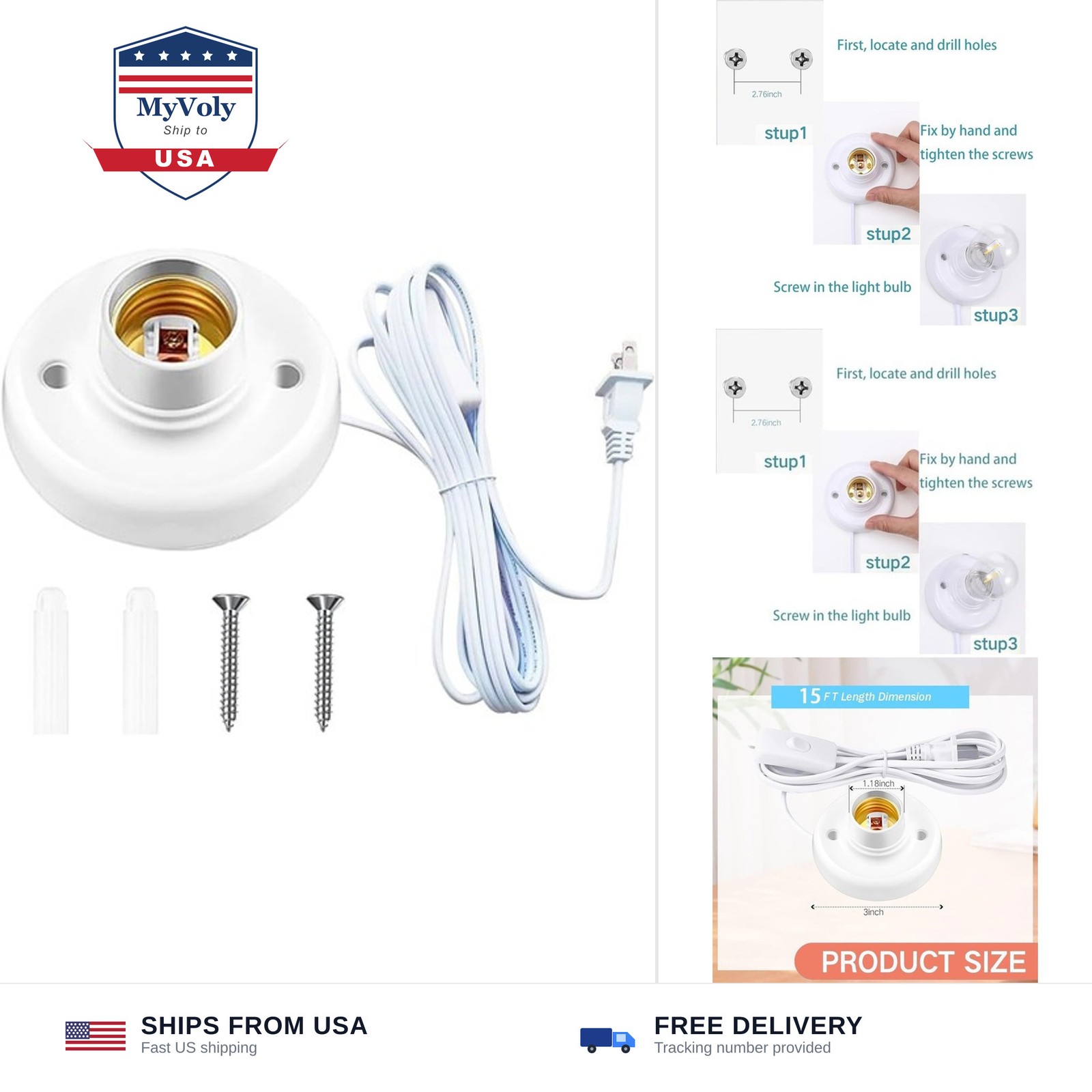 Light Socket with Cord Light Bulb Base E26/ E27 Lamp Base Desktop ft Include ...