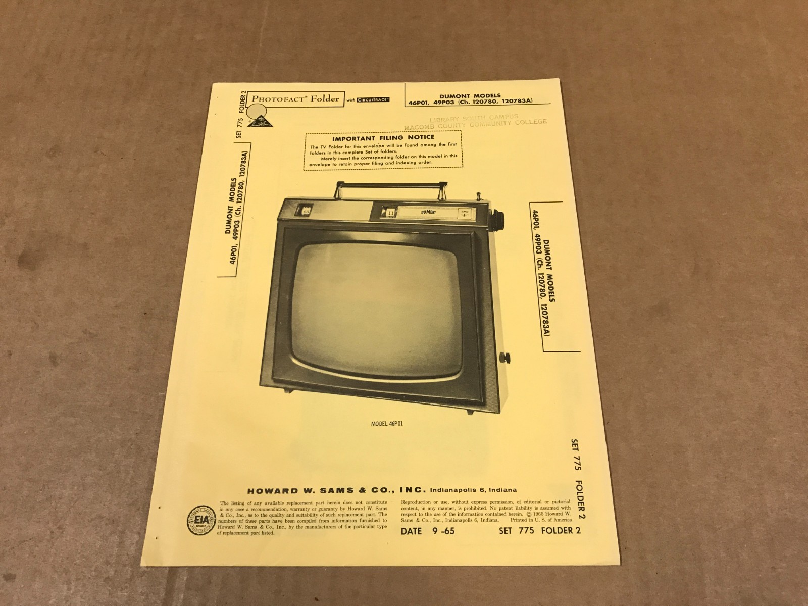 Vintage Photofact Folder - 775-2 - Dumont TV Models Model 46P01, 46P03