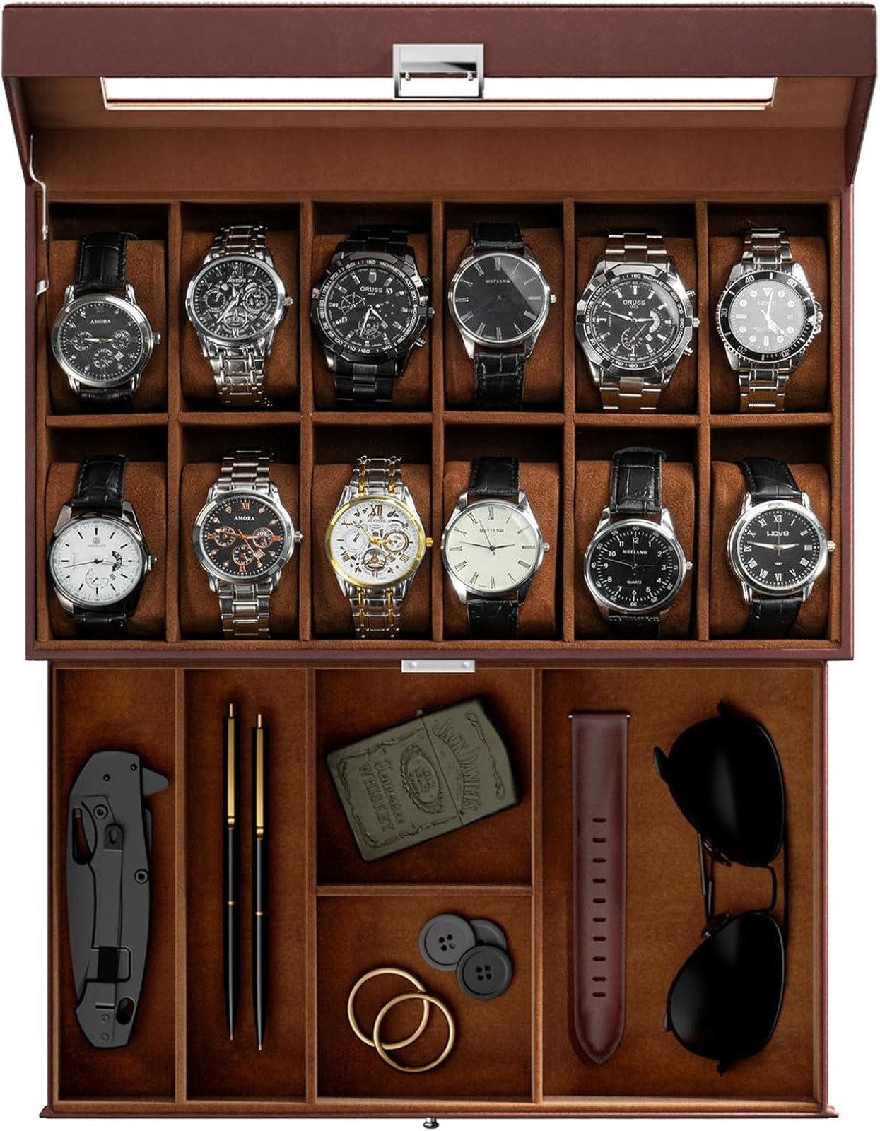 Watch Box with Glass Lid, 12 Slot Men’s Watch Case, Two-Layer Storage Organizer