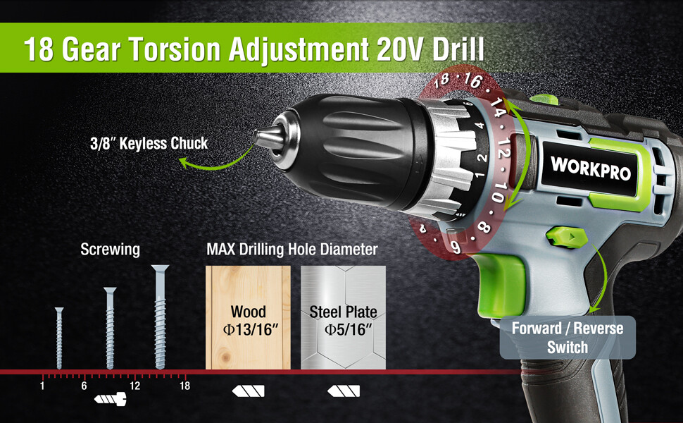 20V 3/8" Cordless Drill/Driver Kit 18+2 Torque Variable Speed 2A Battery Charger