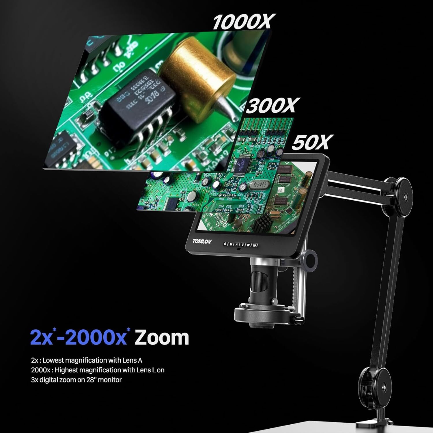 TOMLOV Digital Microscope 10'' Screen 2000X Soldering Microscope Flex Arm