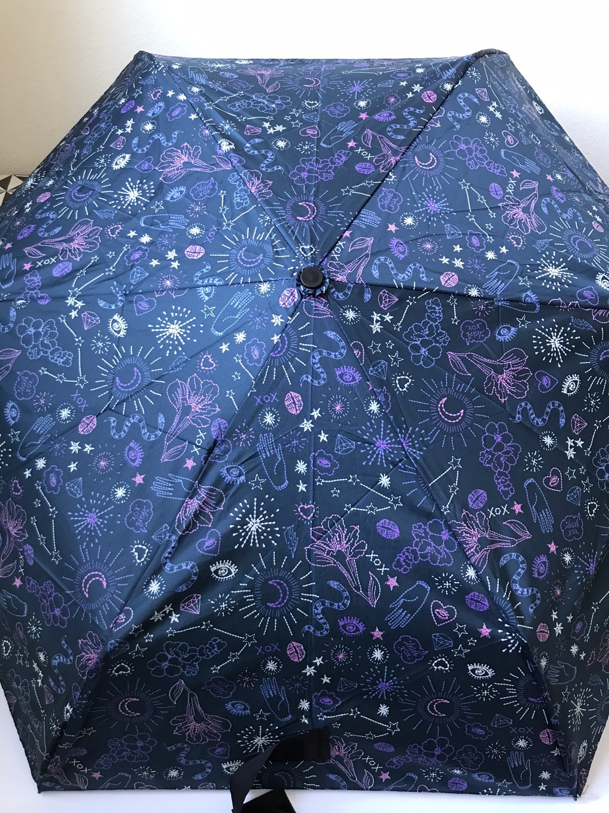 WOMEN'S BETSEY JOHNSON DARK BLUE CELESTIAL COMPACT AUTO OPEN UMBRELLA NWT