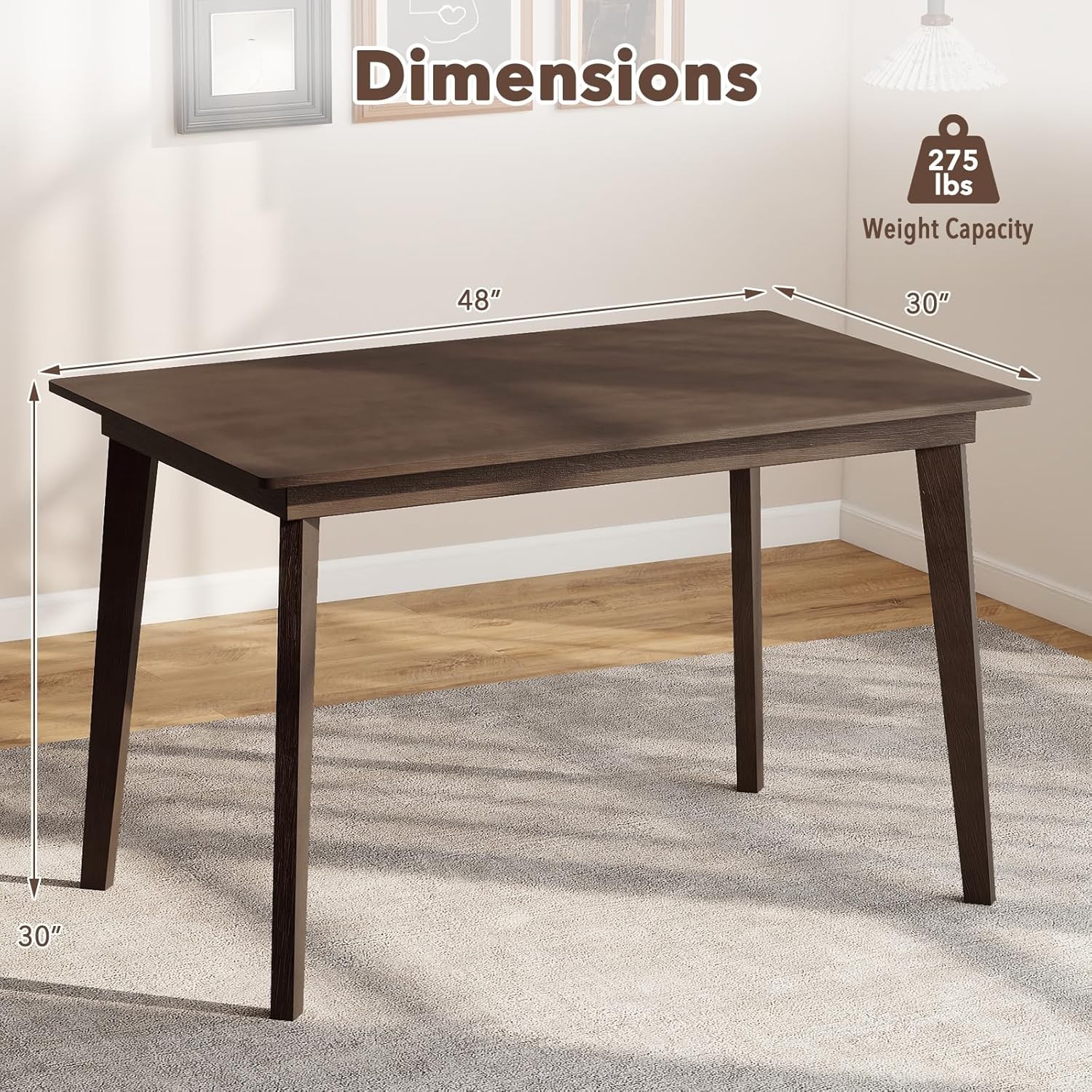 Dining Table for 4, 48" Rectangular Wooden Kitchen Table with Solid Rubber Wood