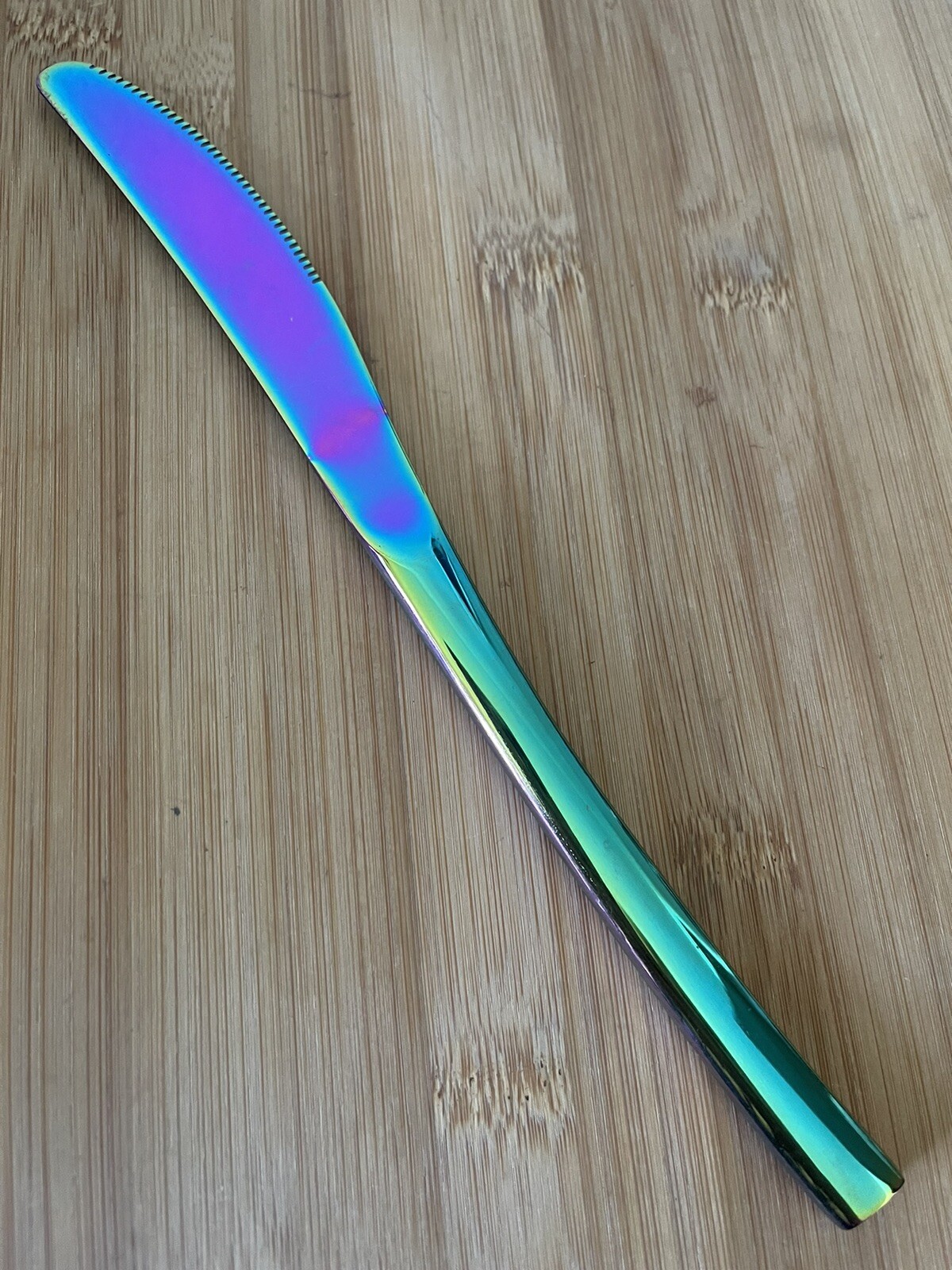 RAINBOW Multi~Colored Stainless Curved Hdl  DINNER KNIFE 9" New EUC
