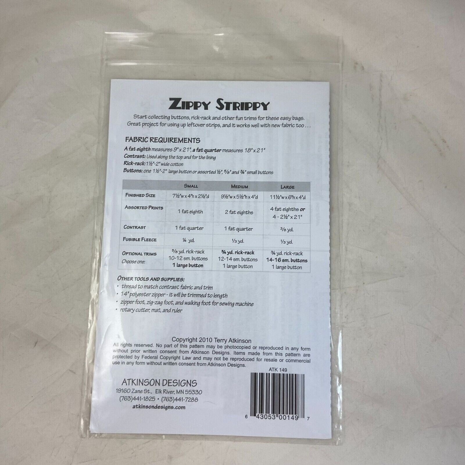 #7467 Atkinson Designs Zippy Strippy Easy Bag sewing pattern