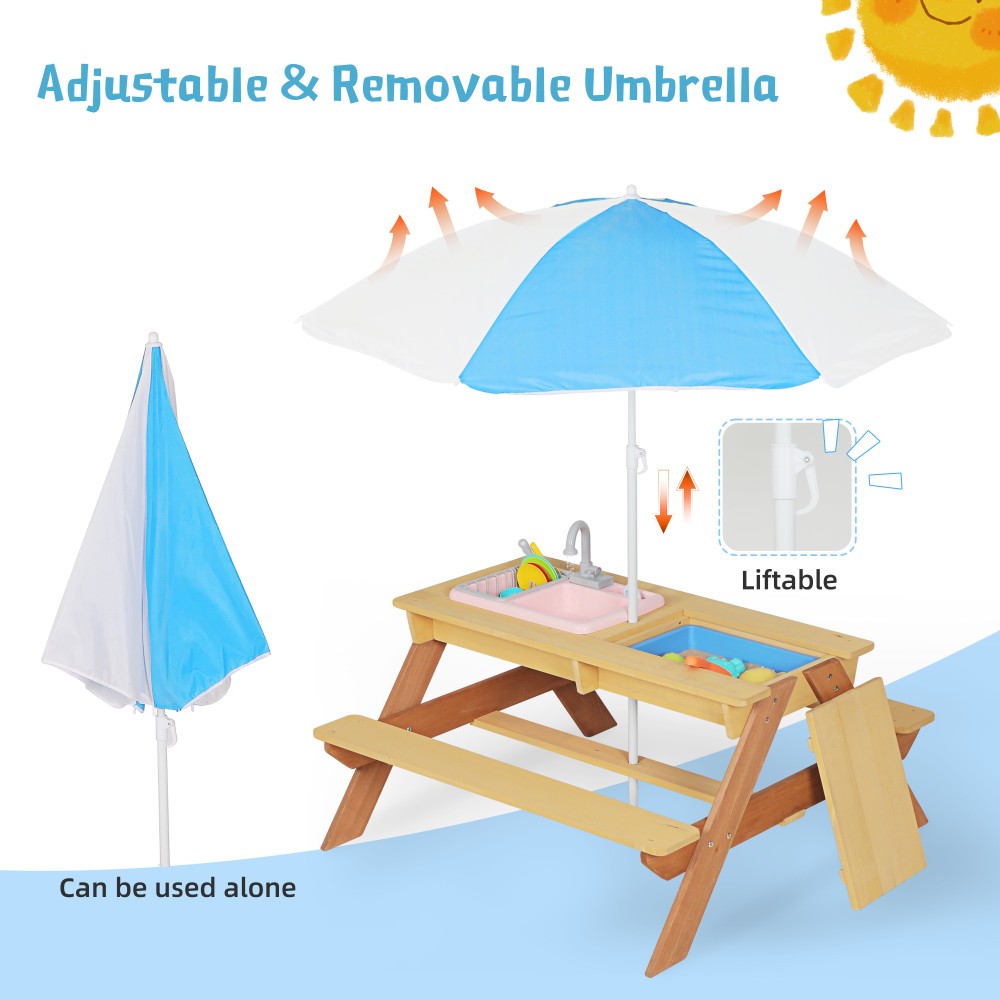 Kids Sand & Water Activity Table with Umbrella, Convertible Picnic Table