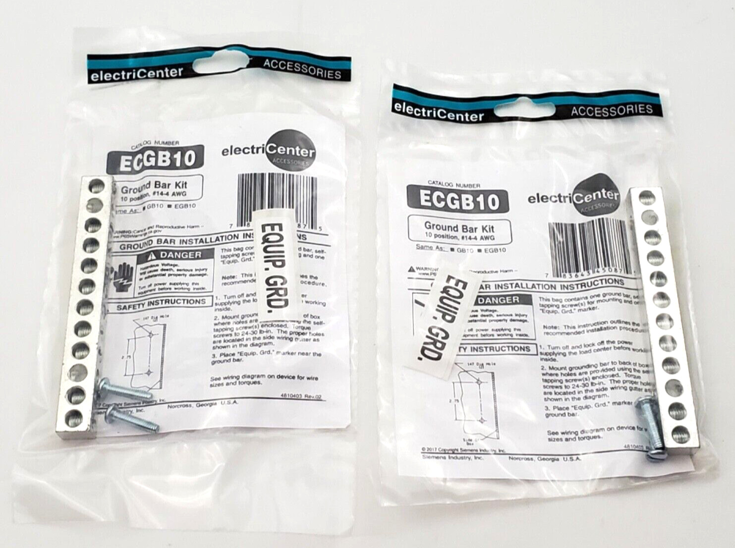 Lot of 2 ECGB10 Ground Bar Kits 10 Position #14-4 AWG For Siemens Load Centers