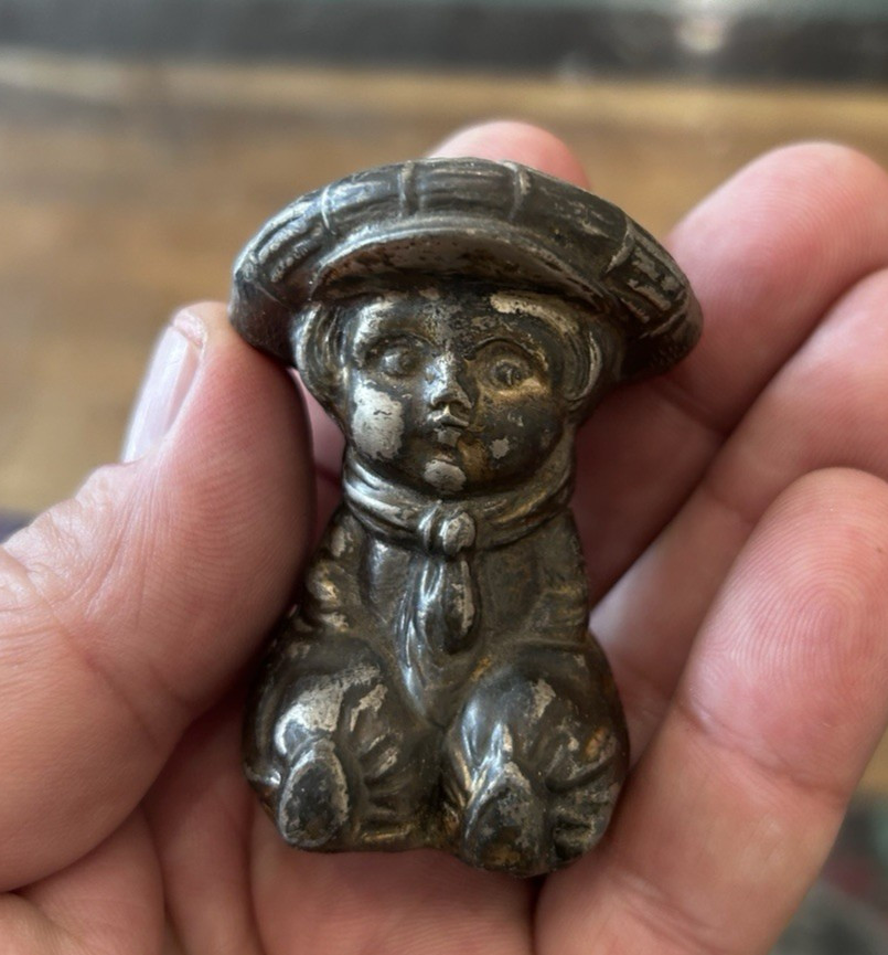 Antique Metal Figural Child Pepper Pot Sander Victorian 2.5" Kate Greenway? Gold