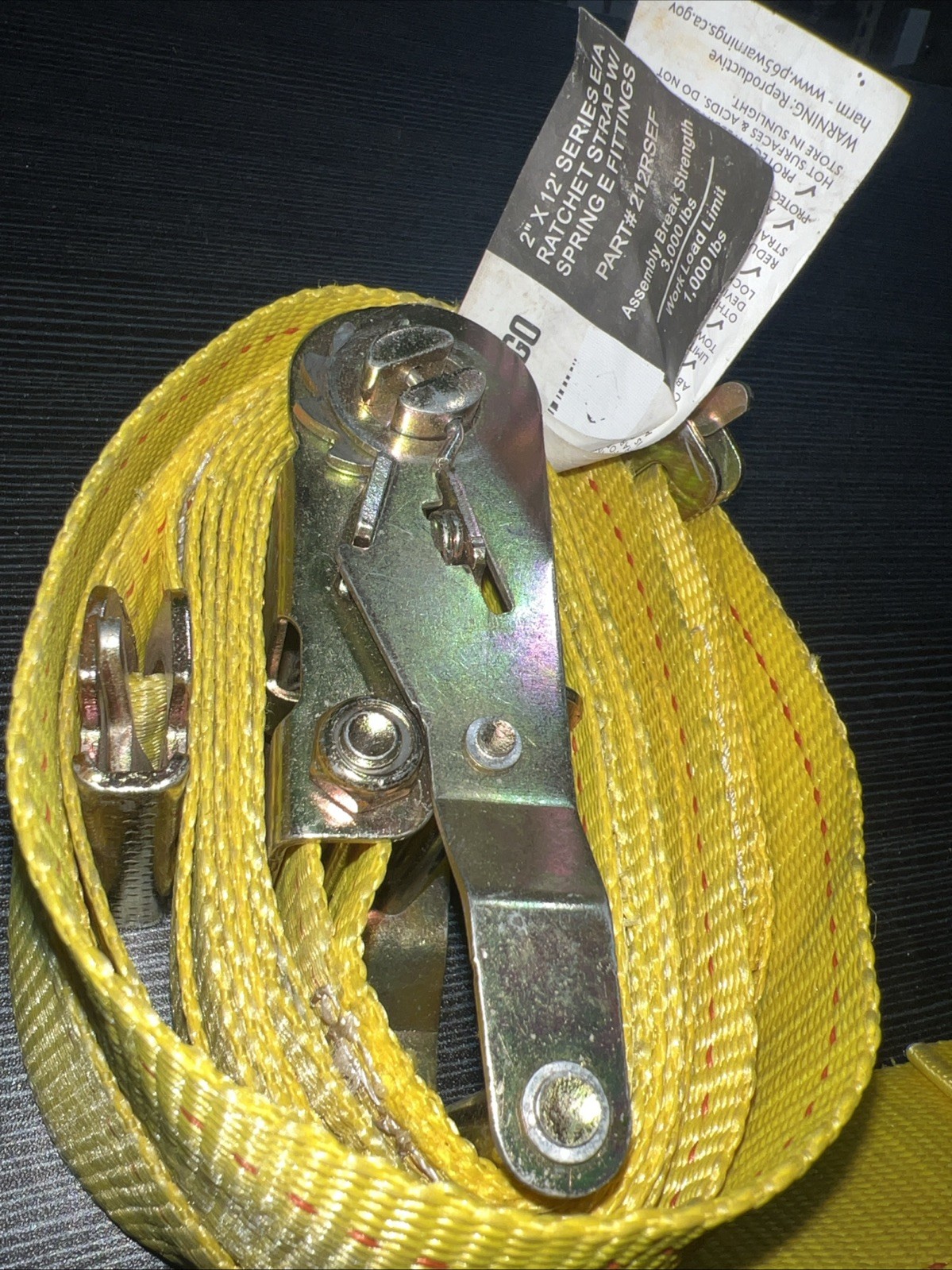 Ratchet Cargo Strap, E-Track,  2in X 12ft, 1000lbs WLL, Yellow