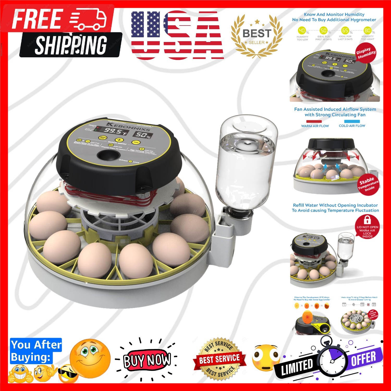 12 Egg Incubator with Humidity Display, Egg Candler, Automatic Egg Turner, fo...
