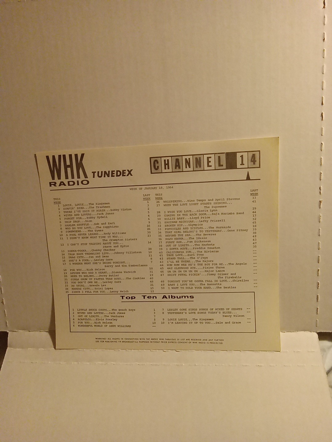 WHK RADIO CHART  1964 THE KINGSMEN#1 LOUIE LOUIE  TOP 50 SONGS TOP 10 LPS MINT