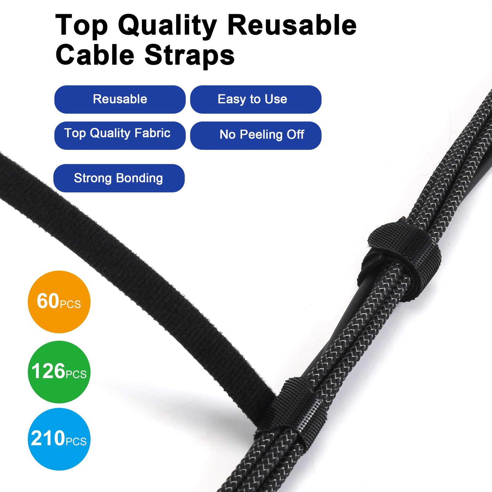 Nettbe 60-Pack 8in Reusable Adjustable Hook Loop Cable Ties Cord Organizer