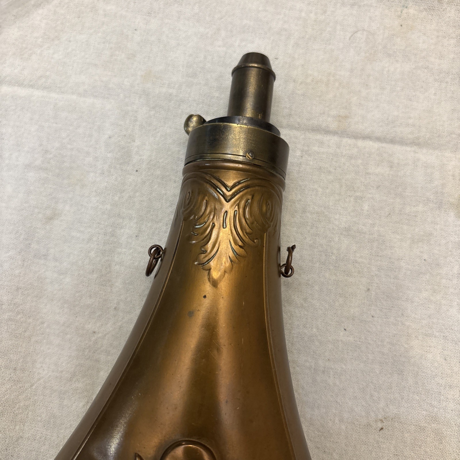 Antique Copper & Brass Black Powder Flask – Floral Shell Embossed