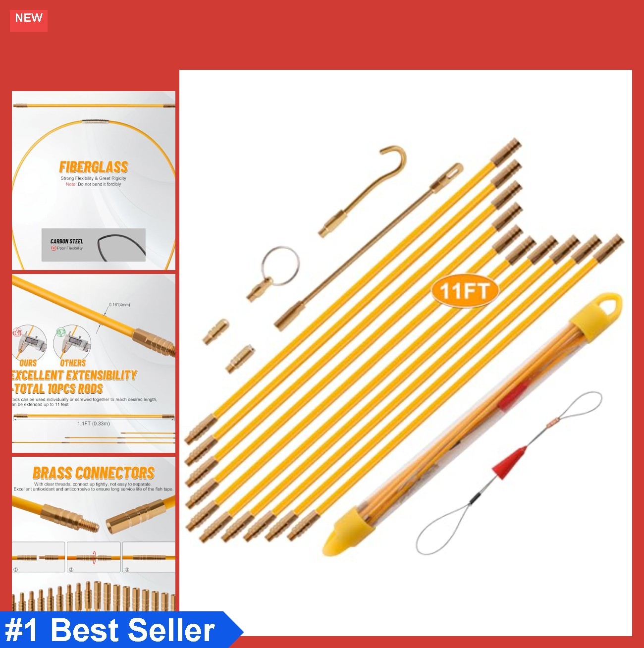 Fiberglass Fish Tape 11FT Cable Puller Rods Kit Wire Running Tool with