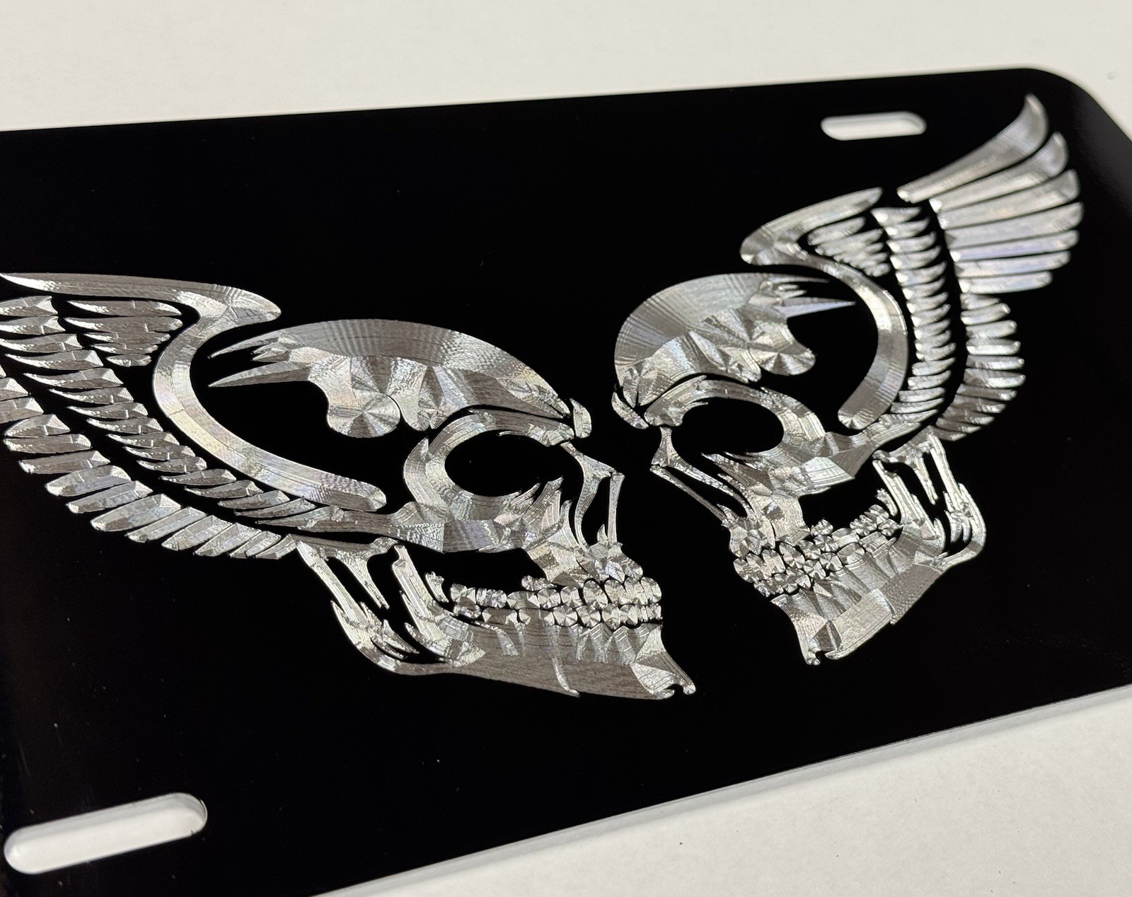 Double Skull Wings Car Tag Diamond Etched Engraved Black Front License Plate