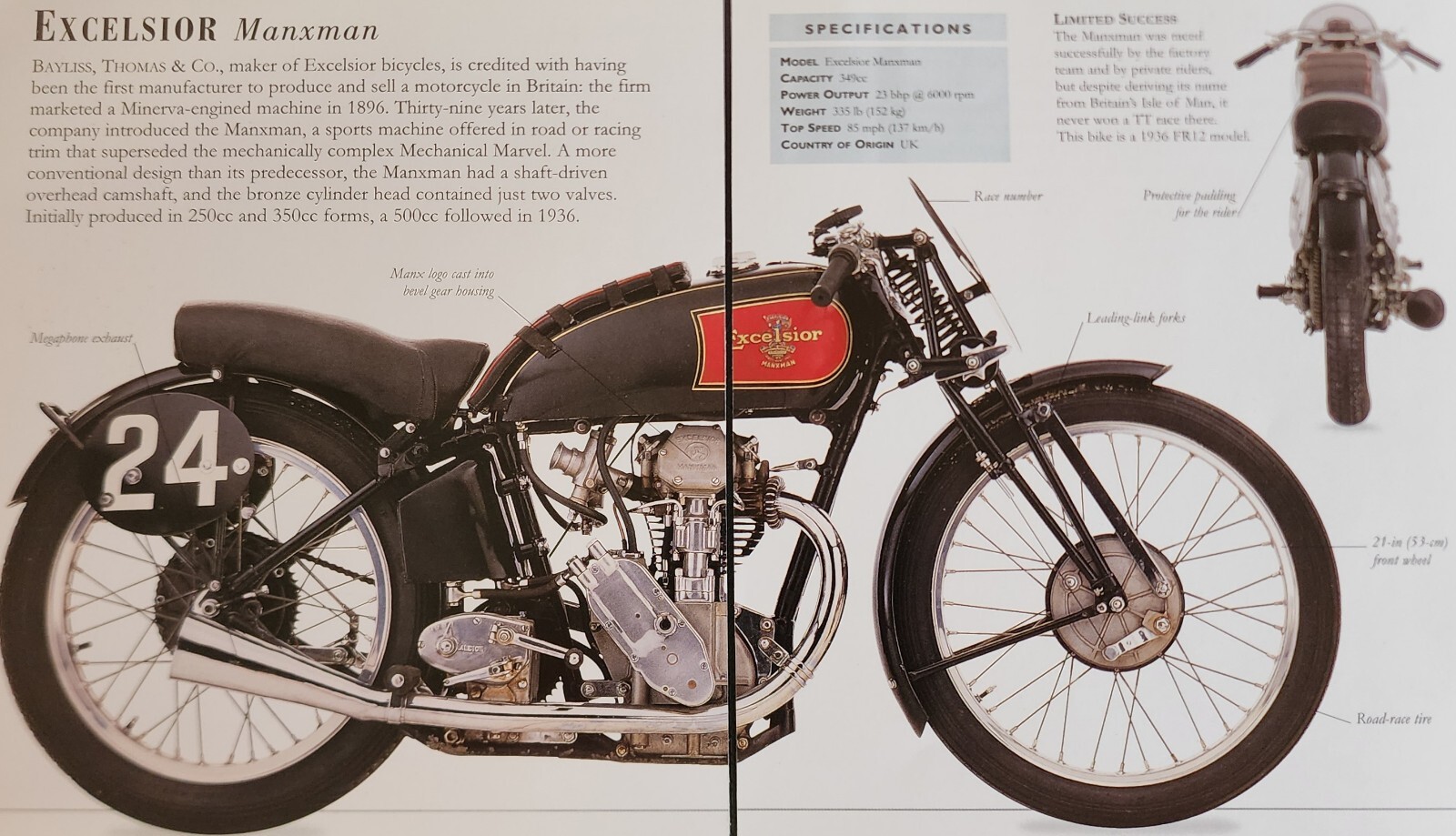 Excelsior Motorcycle Bike Picture Out of Print Spec Sheet Wall Art Decor