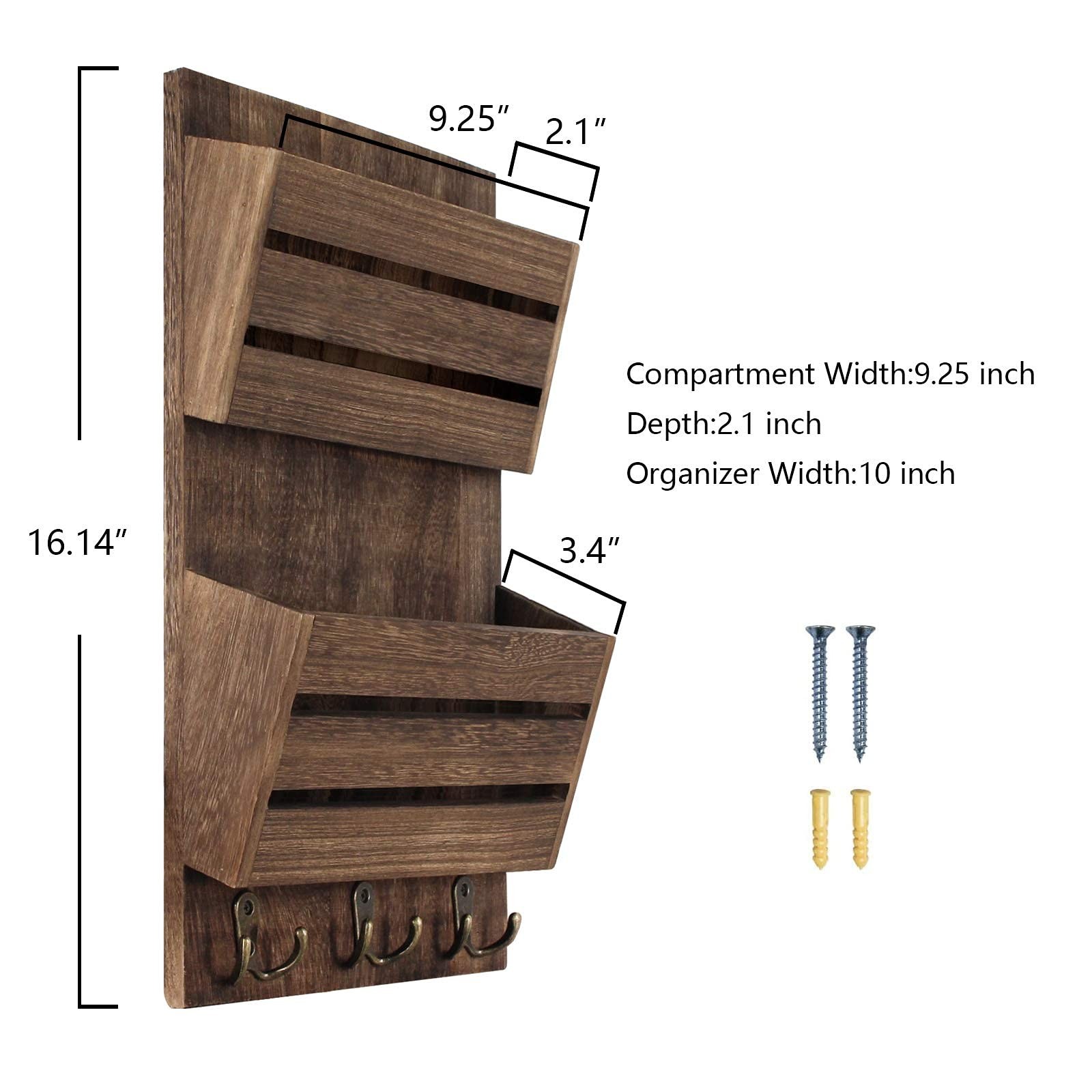 Unistyle Mail Organizer with 4 Hooks, Rustic Brown Wall Mount, Cedar Wood Key...