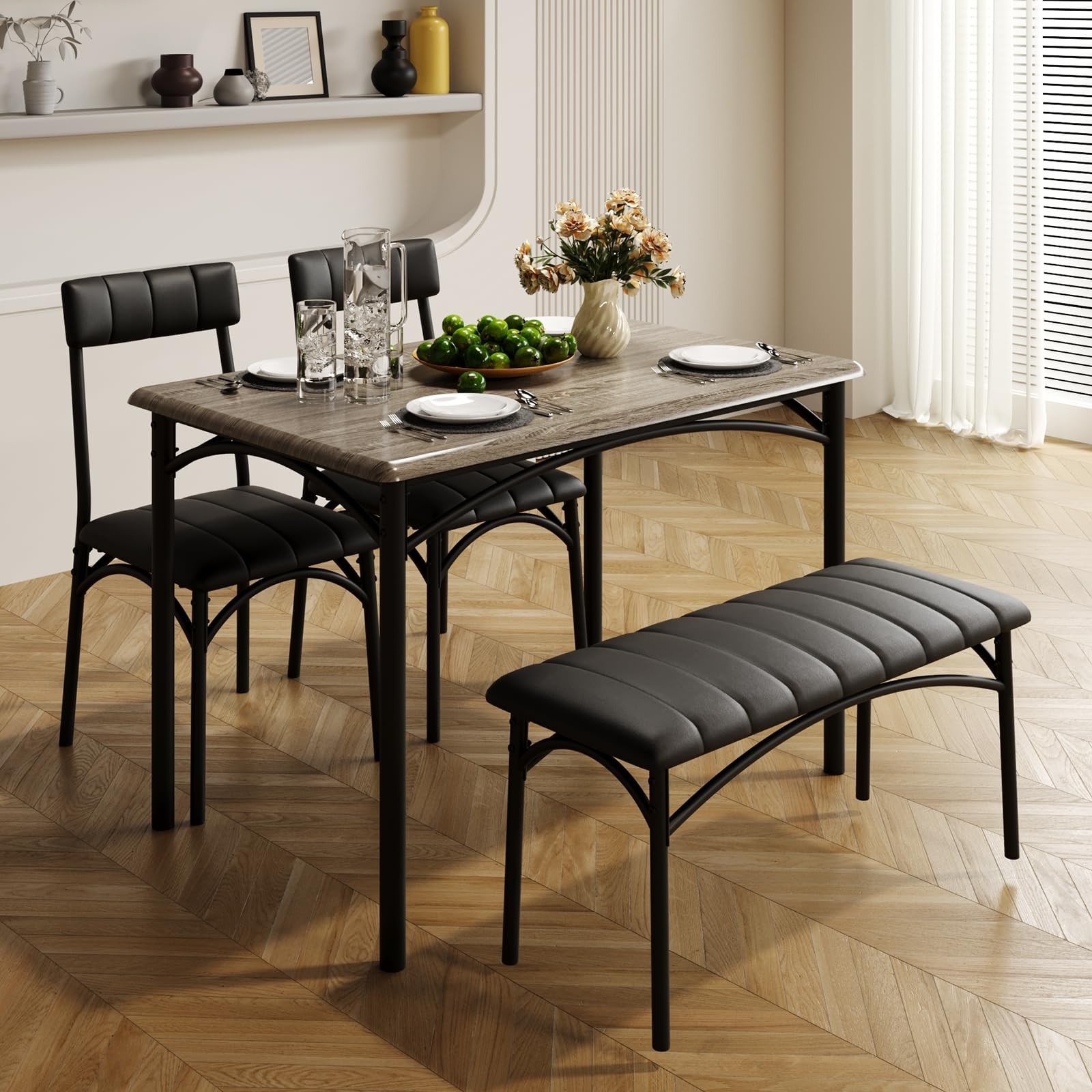 Upholstered Chairs & Bench Dining Set 4-Person Rectangular Kitchen Table Home