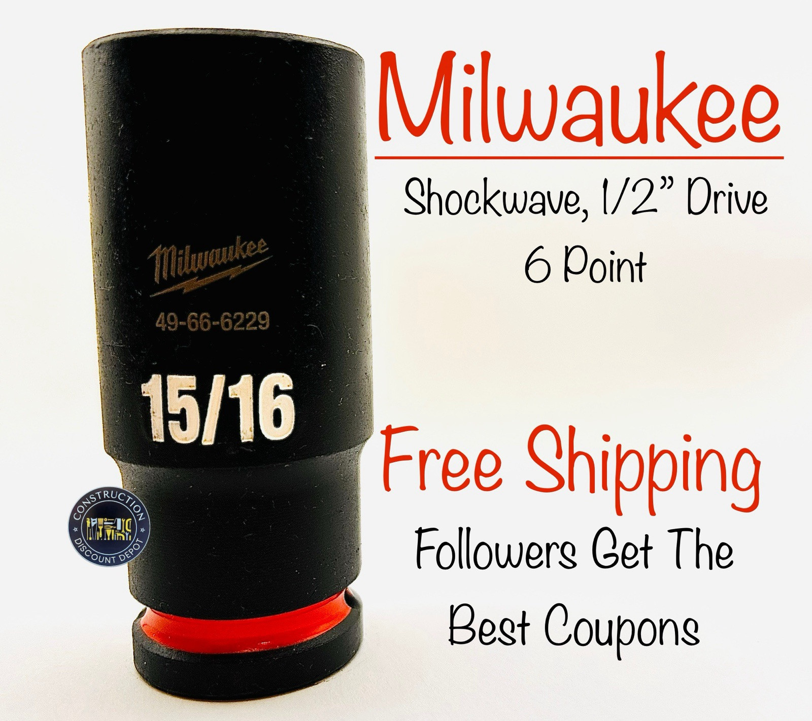 Milwaukee 49-66-6229 SHOCKWAVE Impact 1/2" Drive 15/16" In Deep 6 Point Socket