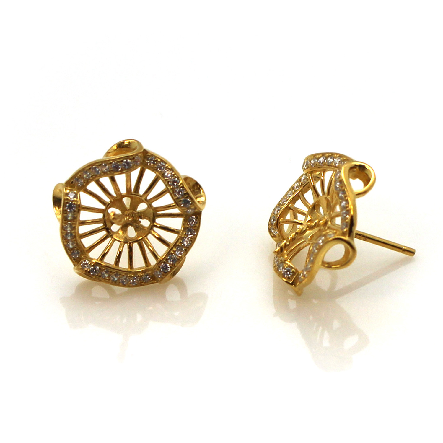 Gold Plated Silver Fancy Ribbon Circle Pearl Cup w/ Peg Earring Findings (1 pr)