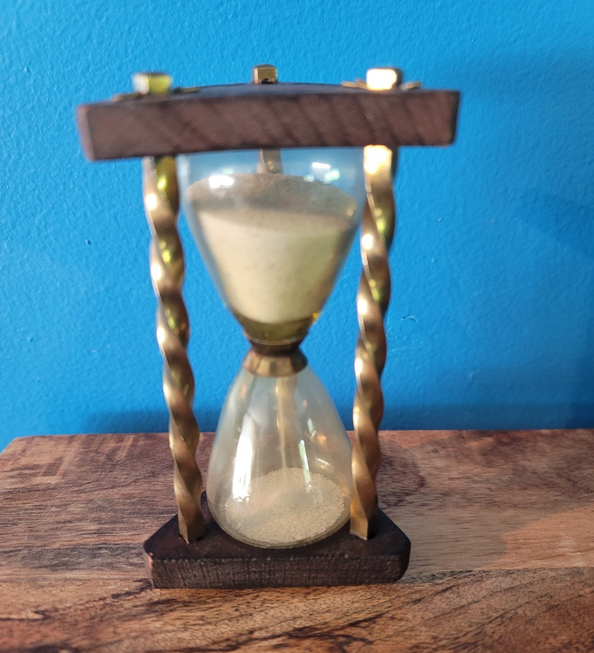 Vintage German Wood & Glass Hourglass  w/ Twisted Brass Columns & Heart Decor