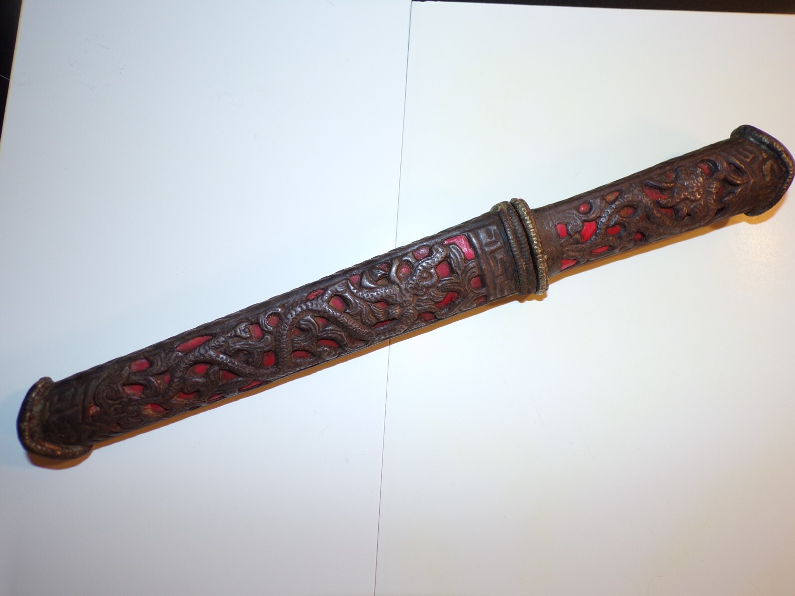 Antique Tibetan Dagger with Dragon Silver Inlay Sheath Knife Carbon Steel Blade 