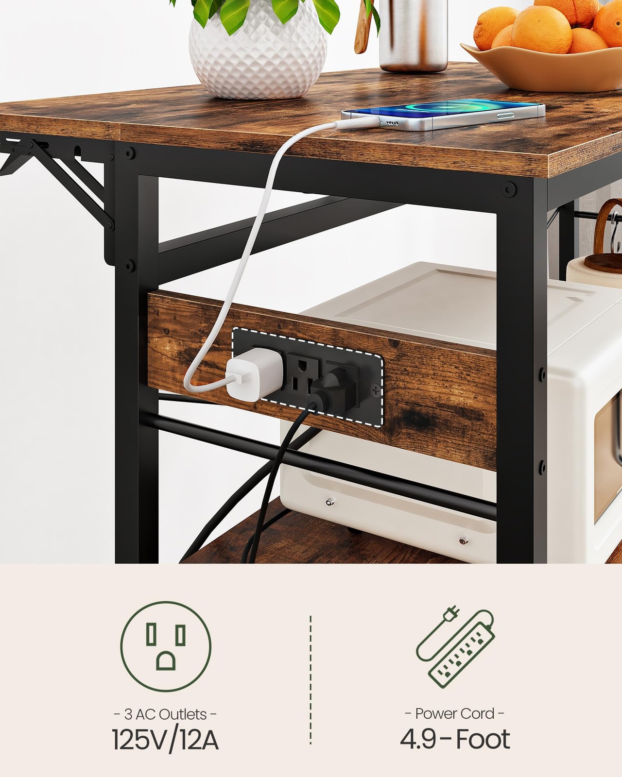 Rustic Kitchen Island with Power Outlet, Folding Top & Wine Rack, Large Size