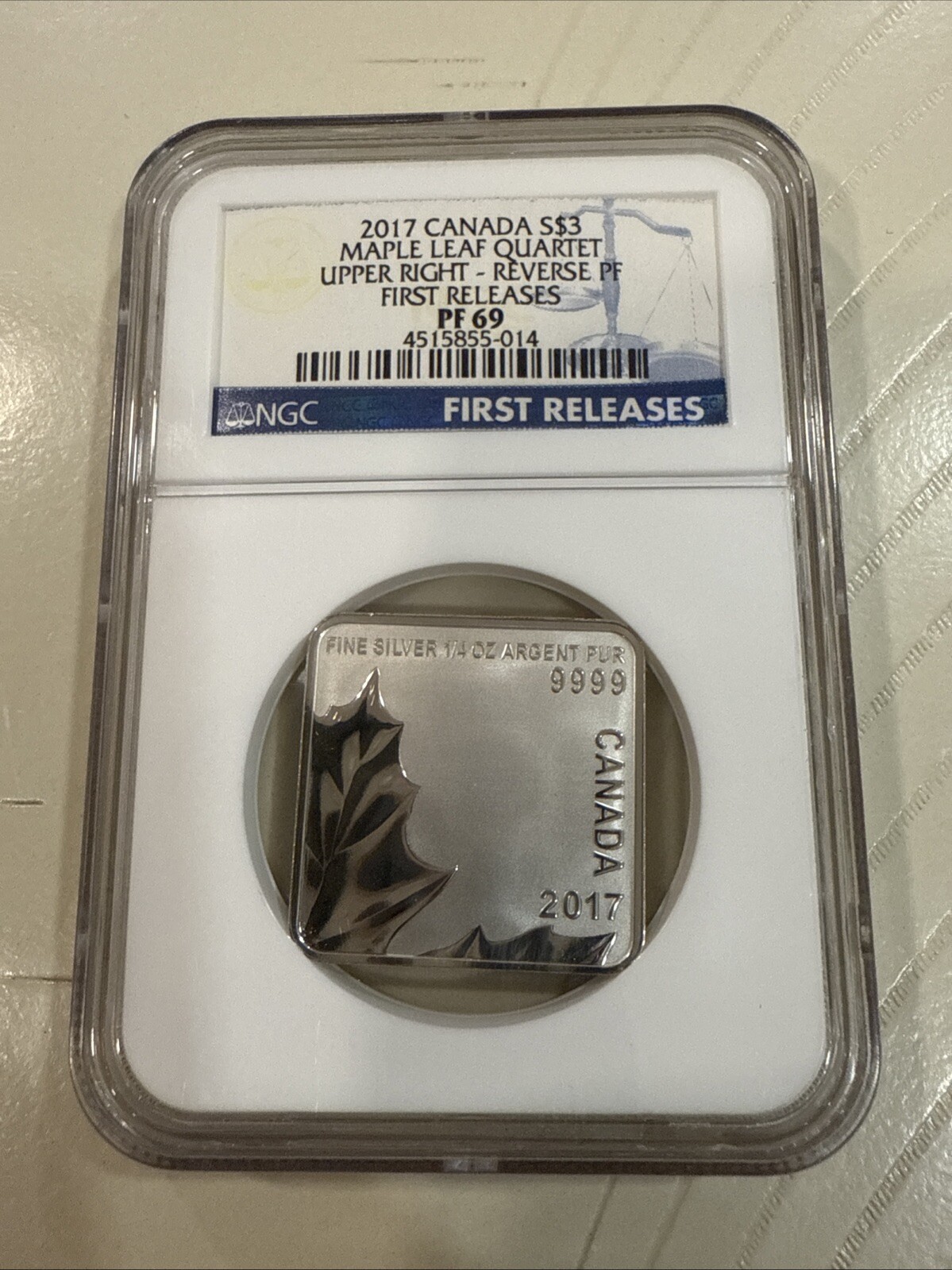 CANADA. 2017, 3 Dollars, Silver - NGC PF69 - Maple Leaf Quartet, Upper Right, Ra