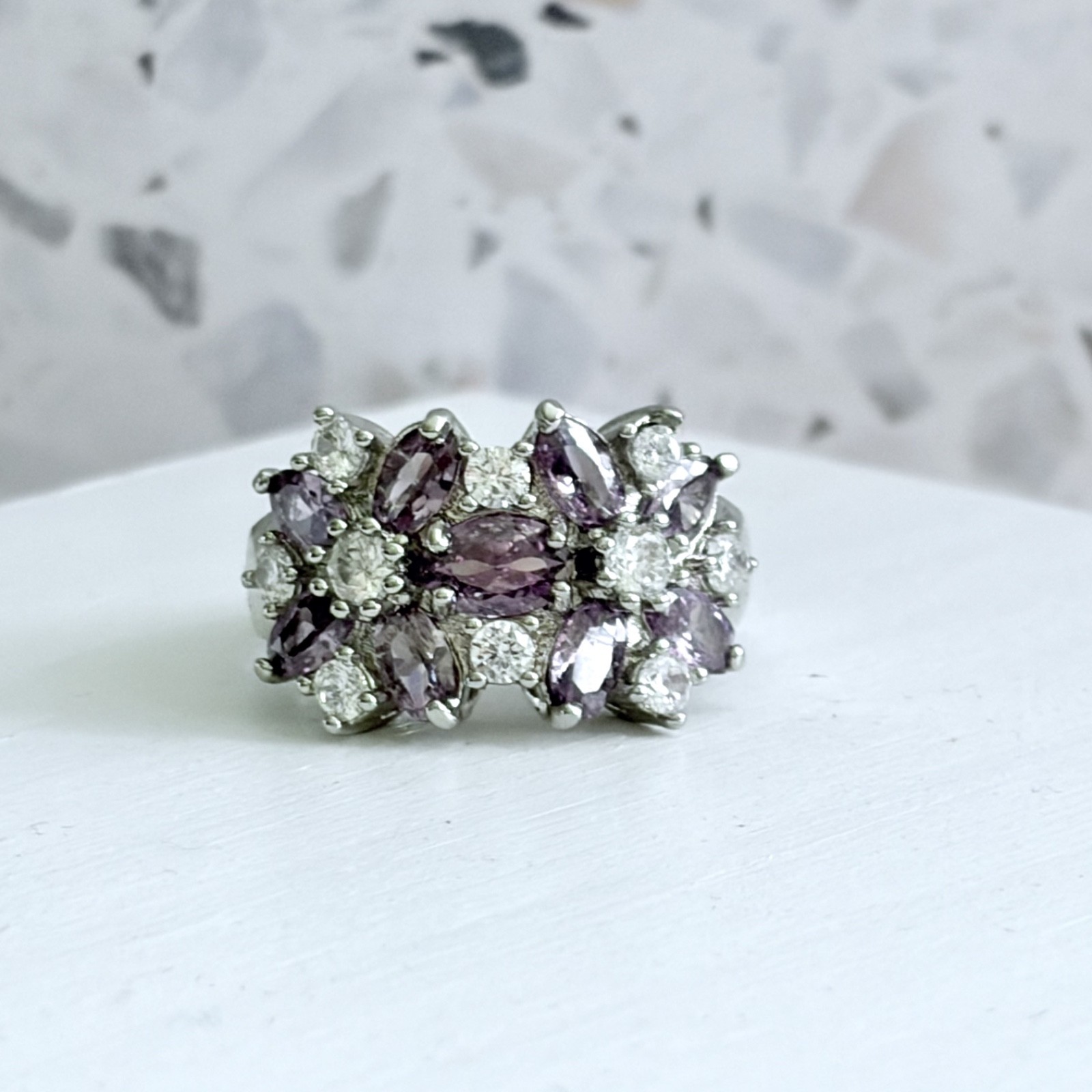 14k White Gold & 925 S.S. Simulated Amethyst Flower Cluster Cocktail Women Ring
