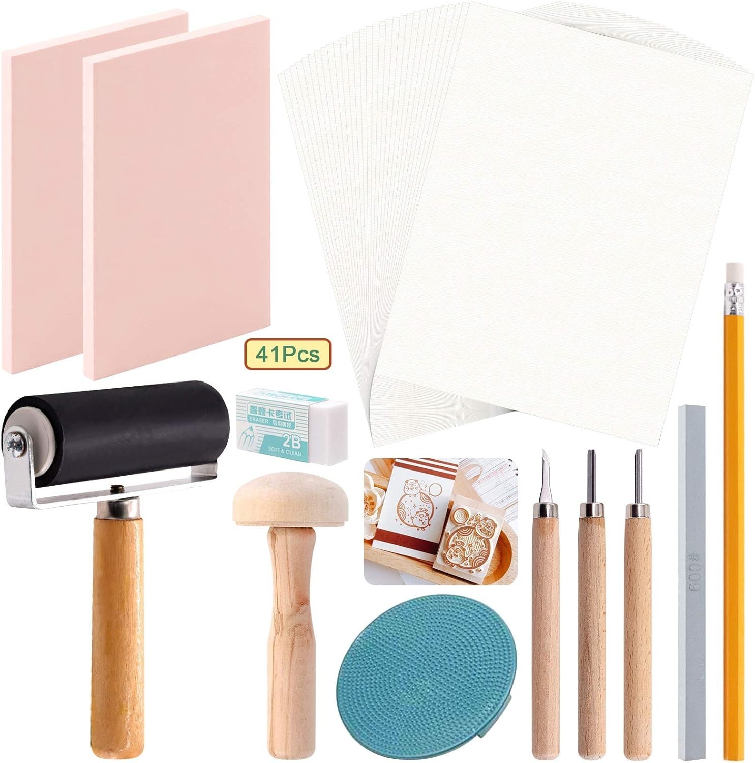 41 PCS Rubber Stamp Making Kit, Carving Blocks, Tools, Brayer Roller, Printing