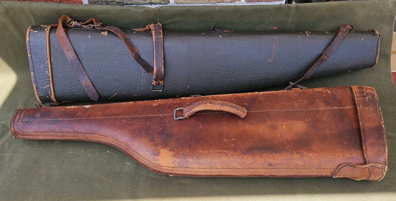 2 Vintage Hard Leather Shotgun Cases Leg Of Mutten 31" & 34" See Pictures