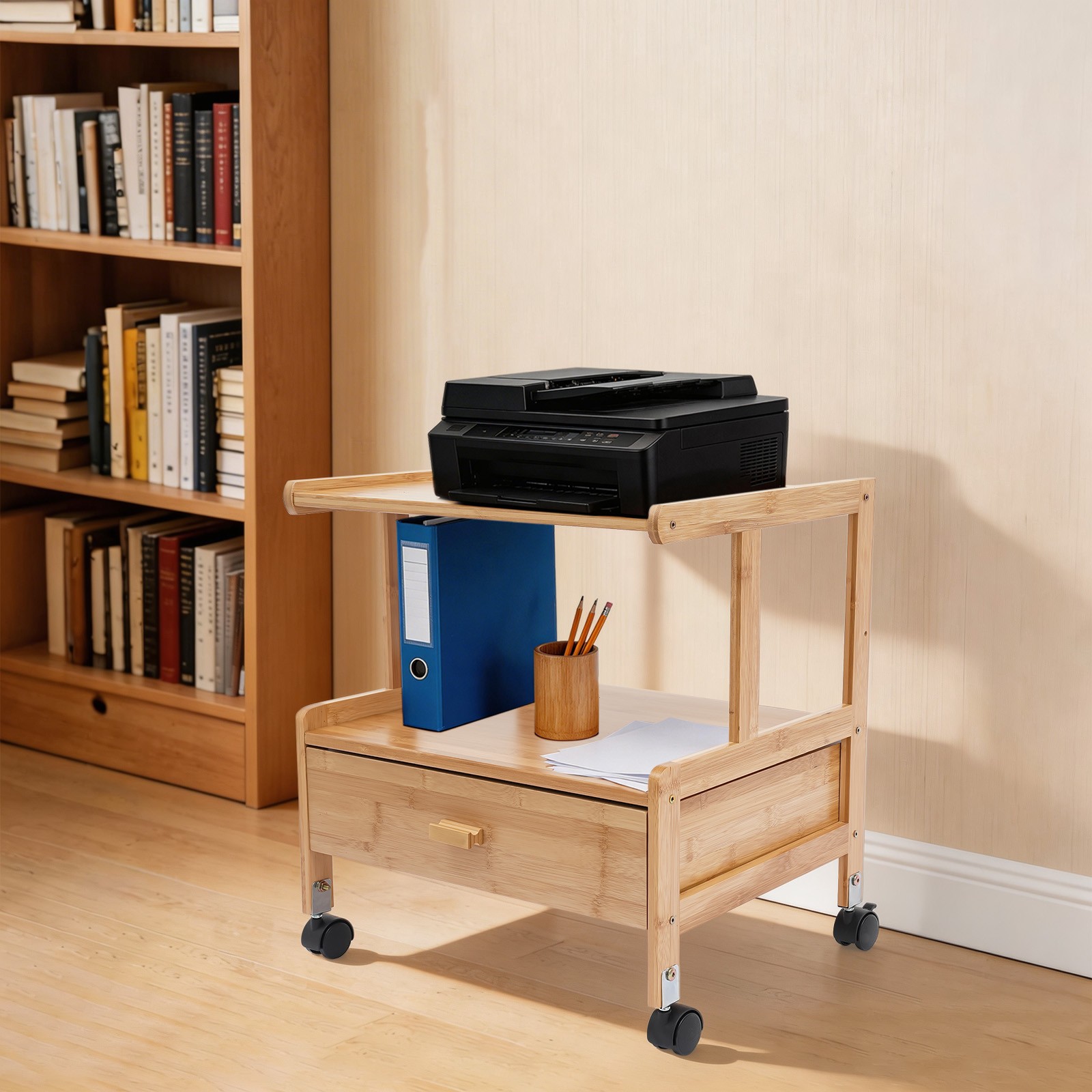 2 Tiers Mobile Printer Shelf with 4 Wheels Bamboo Modern Storage Stand Log Color