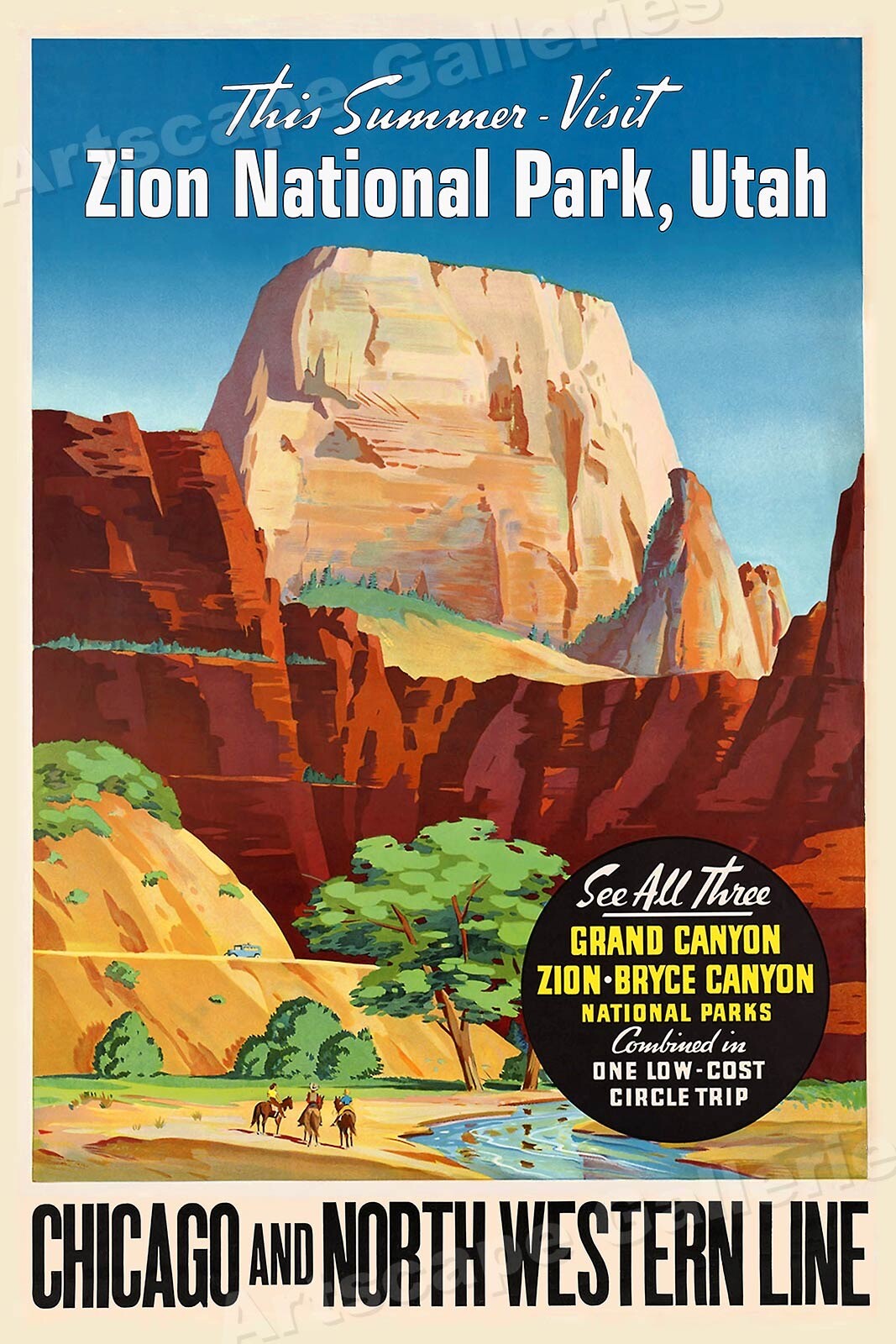 1950s Visit Zion Canyon Utah Vintage Style Railroad Travel Poster - 24x36