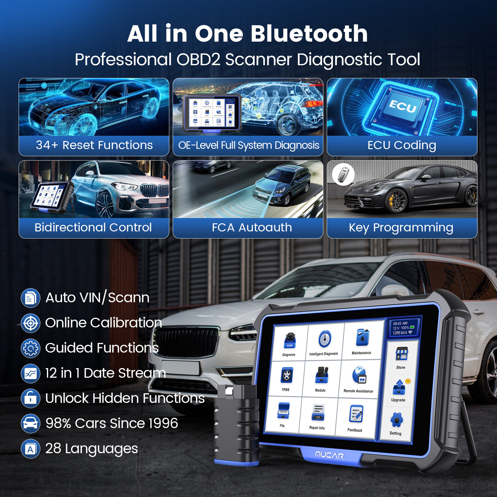 Newest MUCAR VO8 Key All System Diagnostic OBD2 Scanner 34+ Services Action Test