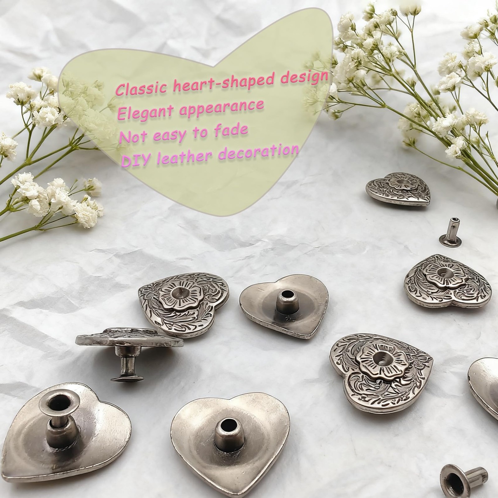 20 PCS Silver Heart Pattern Buttons Love Rivets Retro Carving Texture Bag