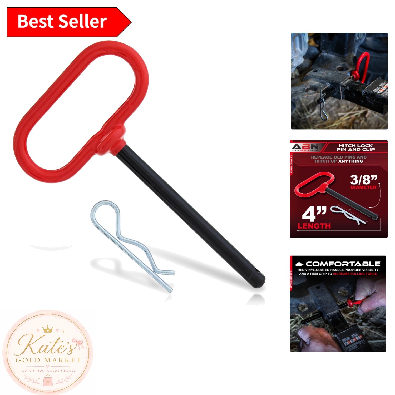 Easy-to-Use 4in Trailer Hitch Lock Pin with R-Clip, Bright Red Handle Included