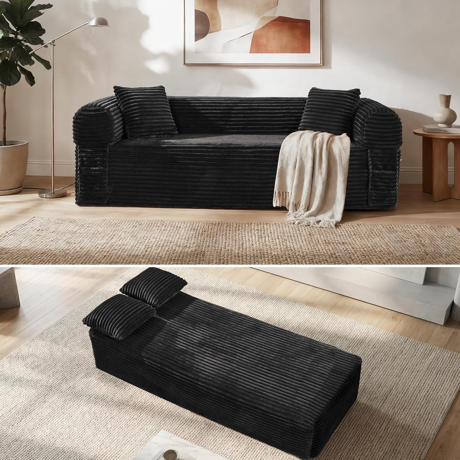 Boneless Convertible Couch Corduroy Sofa with 2 Pillows + Removable Backrest