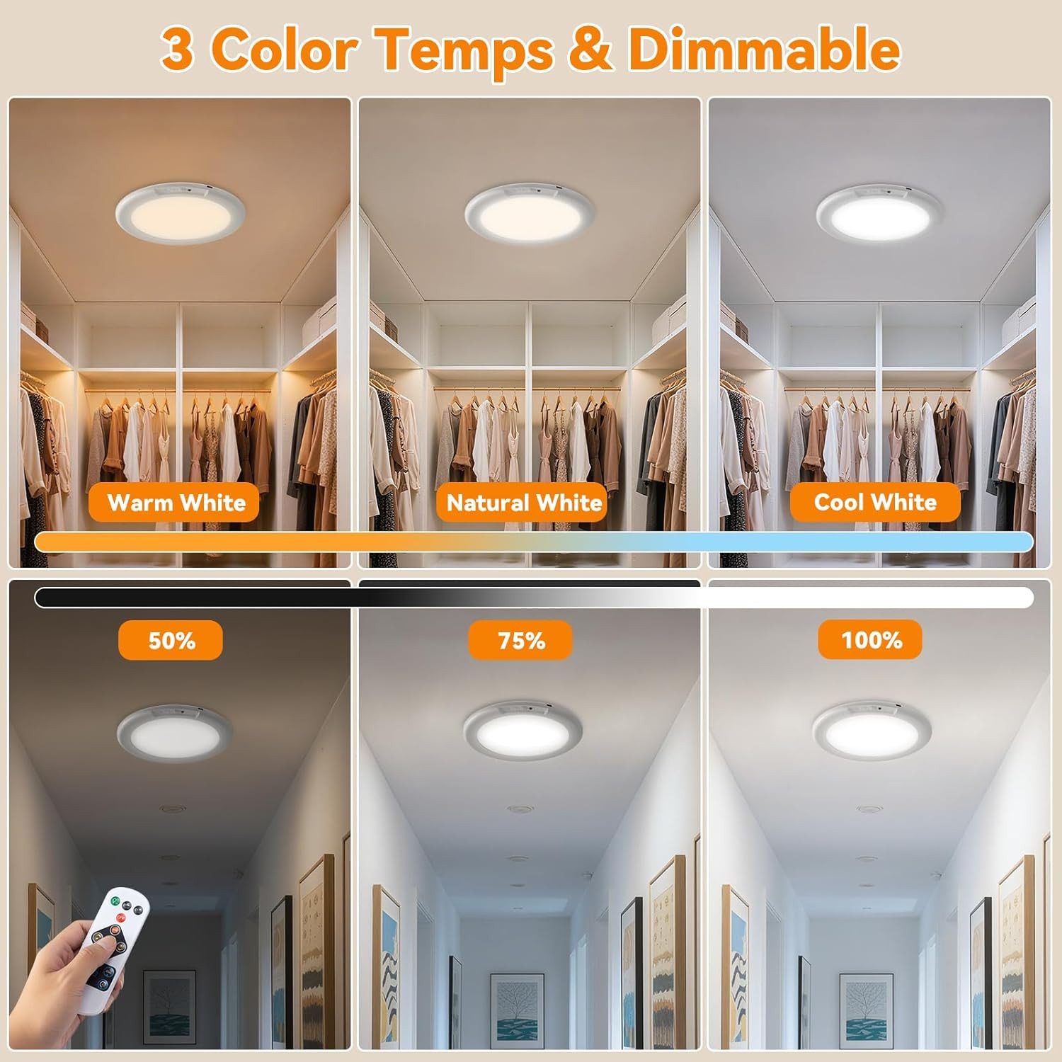 Rechargeable Ceiling Light 2Pack, 3 Color Motion Sensor Lights with Remote, Wire