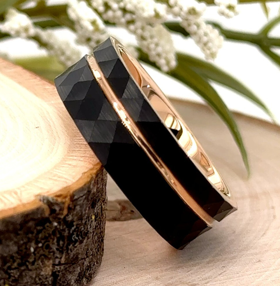 Rose Gold Groove Polished Band For Christmas Gif 8MM Black Faceted Tungsten Ring